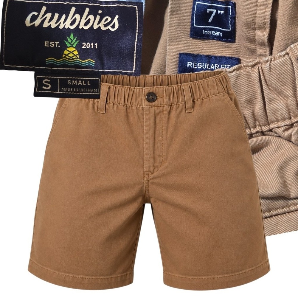 Chubbies Everywear Shorts Mens Small Tan 7" Inseam Elastic Waist Regular Fit